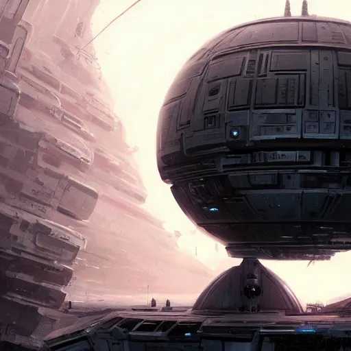 Image similar to a super structure inspired by the death star floating in the space, with spaceship coming to it, by ian mcque and neil blevins