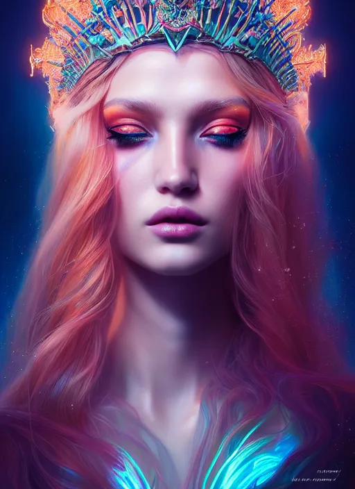 Prompt: portrait of sea queen, fantasy, rule of thirds, intricate, neon highlights, octane render, detailed, beautiful, unreal engine, symmetrical!!, loreal, maybelline, sephora, loreal, artstation, art by karol bak, art by artgerm, rossdraws, cinematic, concept art, filmic, vsco