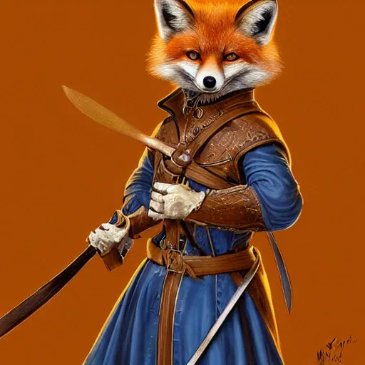 Prompt: anthropomorphic fox, rapier and dagger, 17th century dutch attire, portrait, highly detailed, digital painting, artstation, concept art, sharp focus, illustration, art by artgerm and greg rutkowski and magali villeneuve, blue and gold color scheme