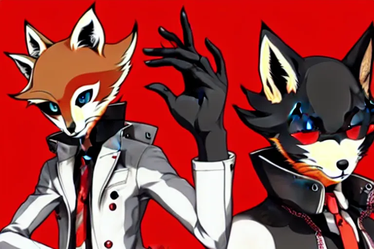 Image similar to a furry tan male fox on a persona 5 : royal ( by atlus ) video game splash screen, a furry male sandcolored tan fox fursona ( has hair ), persona 5 phantom thief style