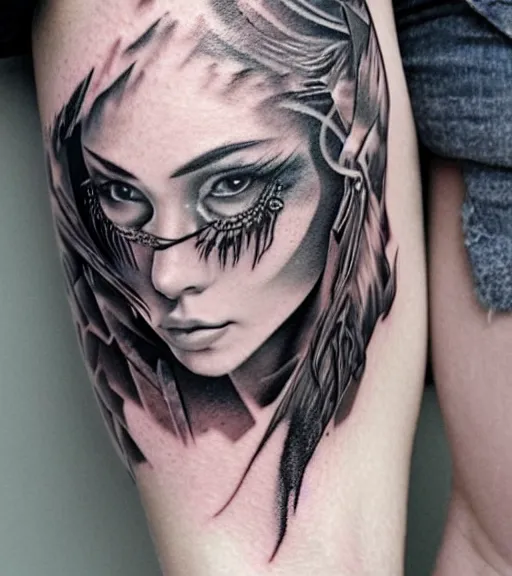 Image similar to tattoo design of a hyper realistic beautiful girl warrior, hyper detailed, in the design of eliot kohek, on white background