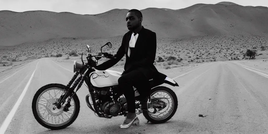 Image similar to Frank ocean wearing a black and white suit, riding a motorcycle in the desert on a road