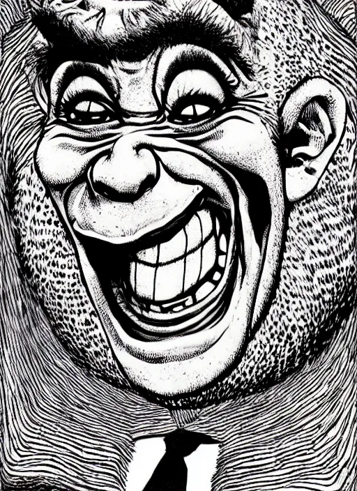 Image similar to portrait of shrek laughing, intricate, highly detailed, illustration, art by junji ito, junji ito