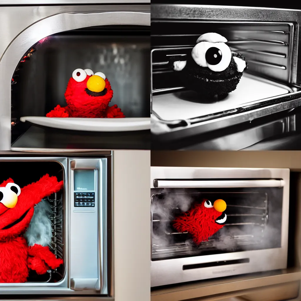 Prompt: Elmo being baked in an oven, kitchen photography