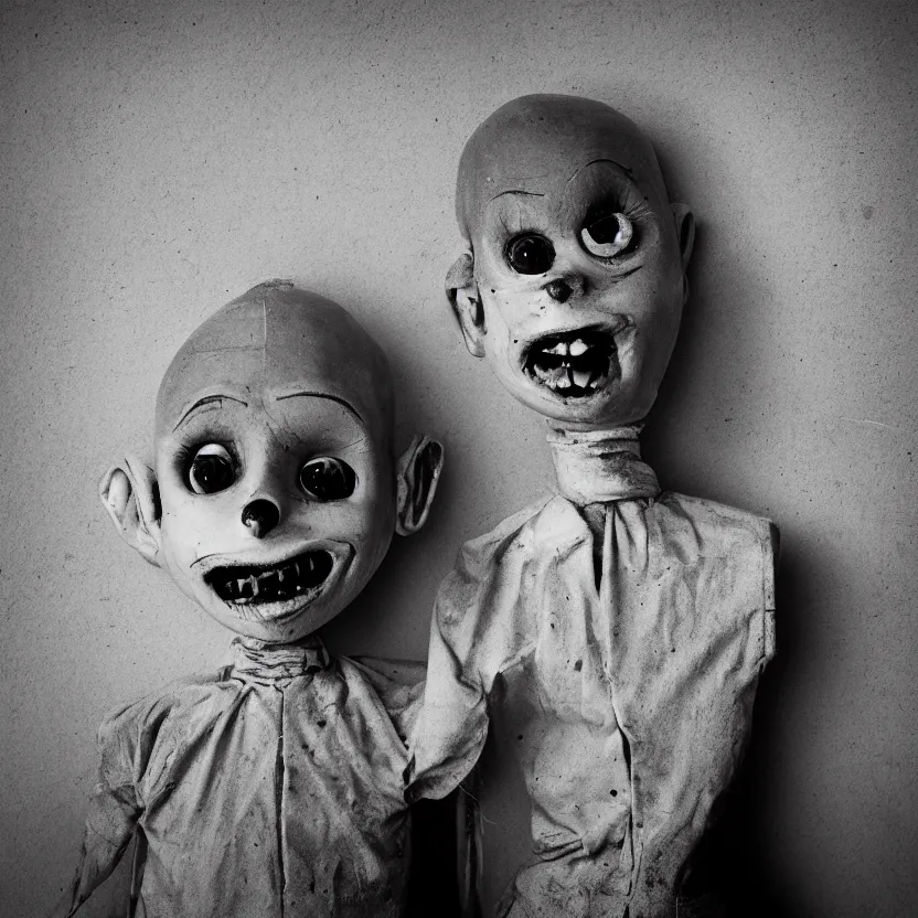 Image similar to creepy ventriloquist dummy in the style of roger ballen, 4 k, bw, portrait