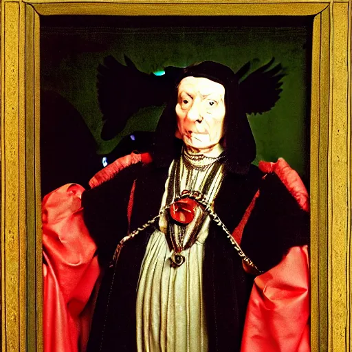 Image similar to a highly detailed portrait of a raven, wearing elegant tudor clothes, inside a room with thick red tapestries, by hans holbein