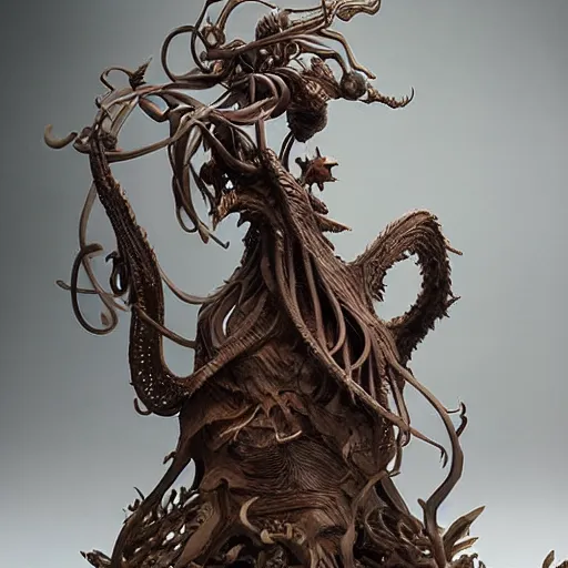 Image similar to angelarium, illithid, cthulhu, wooden sculpture by ellen jewett