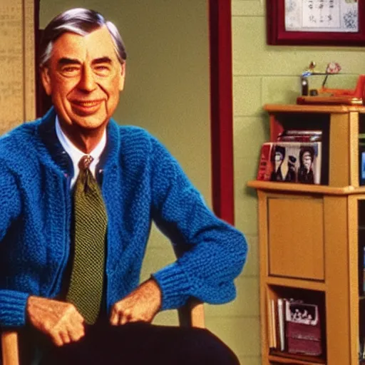 Prompt: mr. rogers in the backrooms fan game, in the style of old grainy vhs footage