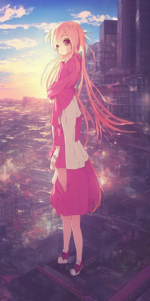 Image similar to anime art, anime key visual of a cute elegant anime girl with pink hair and big eyes, city rooftop at sunset with clouds, golden hour sunset, background blur bokeh!, beautiful lighting, high quality illustration, studio ghibli