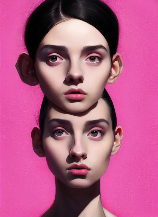 Prompt: portrait of teenage girl, narrow face, black hair, bangs, half updo hairstyle, pointy nose, skinny, unattractive, defined jawline, big chin, pink hair bow, hoop earrings, intricate, elegant, glowing lights, highly detailed, digital painting, artstation, sharp focus, illustration, art by wlop, mars ravelo and greg rutkowski