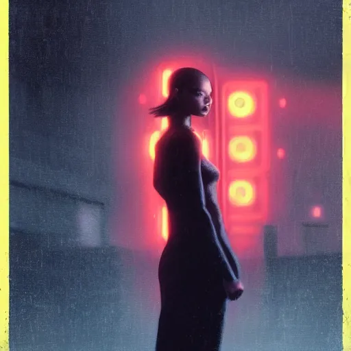 Prompt: silhouette of Elle Fanning in a black cyberpunk car, stormy weather, extremely detailed masterpiece, oil on canvas, low-key neon lighting, artstation, Blade Runner 2049, Roger Deakin’s cinematography, by J. C. Leyendecker and Peter Paul Rubens,