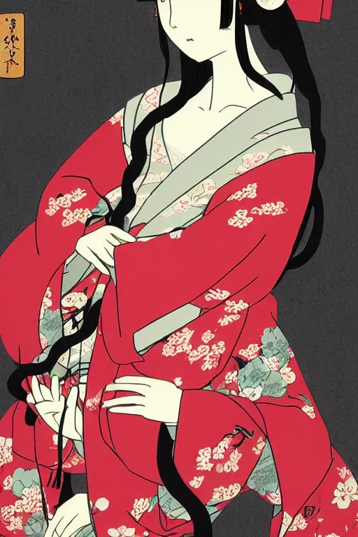 Image similar to portrait of a long haired woman wearing a red kimono playing a biwa in traditional japanese house, delicate, detailed long black hair, detailed flower pattern kimono, elegant, anime key visual, fukaya yuichiro