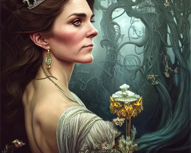 Image similar to photography of laurie lipton, deep focus, d & d, fantasy, intricate, elegant, highly detailed, digital painting, artstation, concept art, matte, sharp focus, illustration, kate middleton, art by artgerm and greg rutkowski and alphonse mucha