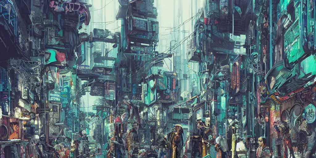 Image similar to a hyperrealistic and beautiful matte painting of a cyberpunk gang on the alleyway of a futuristic indonesian city, gritty, cyberpunk ads, piping, cables, octane rendered, art deco architecture, graffiti, fine detail, intricate, polished, blue color scheme, cinematic lighting, digital art, illustration, by john smith and noriyoshi ohrai and tsutomu nihei