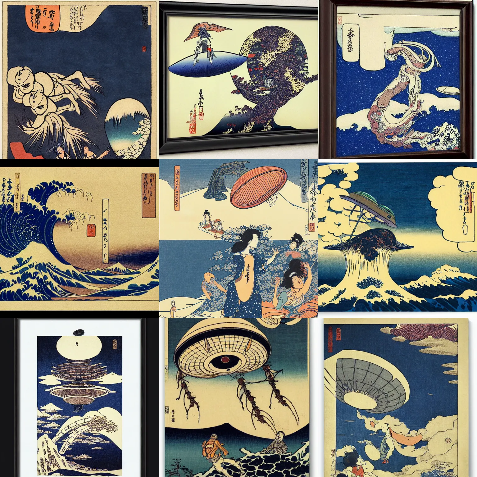 Prompt: ufo alien abduction by hokusai