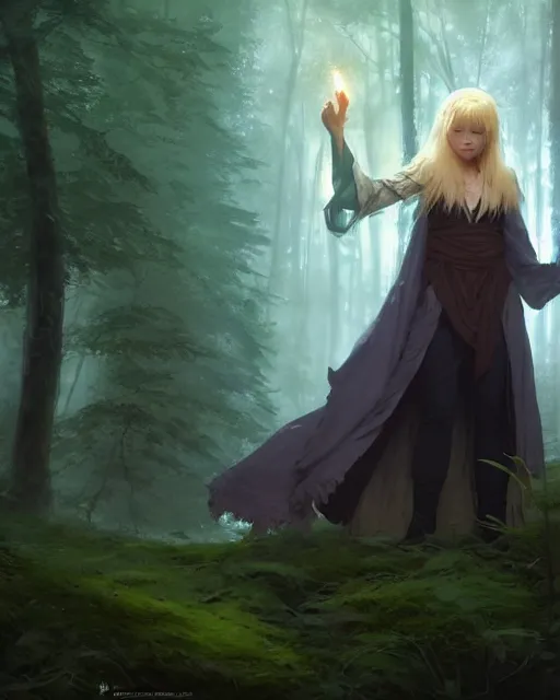 Prompt: blonde young mage with a heavy cloak and chemise casting a spell in the forest, fantasy character portrait, ultra realistic, concept art, intricate details, highly detailed by ilya kuvshinov, greg rutkowski, gaston bussiere, craig mullins, simon bisley