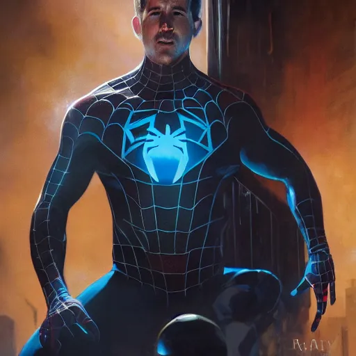 Image similar to ryan reynolds as spider - man, wearing a black and blue suit, cinematic, volumetric lighting, f 8 aperture, cinematic eastman 5 3 8 4 film, photorealistic by greg rutkowski, by stanley artgerm, by alphonse mucha