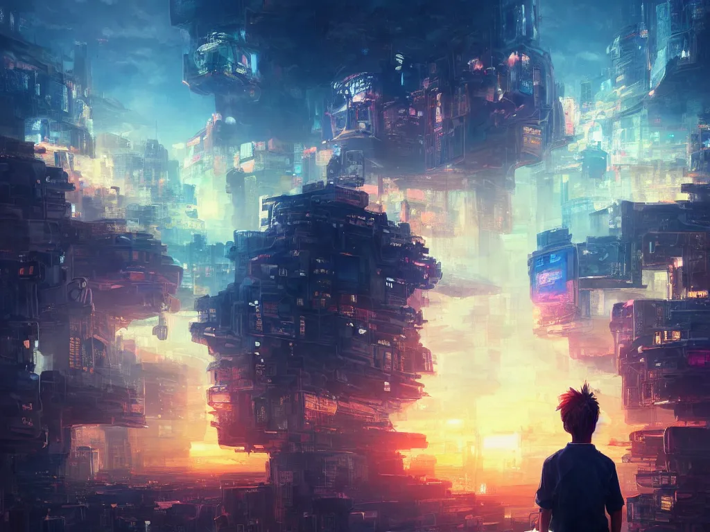 Image similar to a painting of a boy on top of a building watching a colorful sunrise futuristic city surrounded by clouds, cyberpunk art by yoshitaka amano and alena aenami, cg society contest winner, retrofuturism, matte painting, apocalypse landscape, cityscape