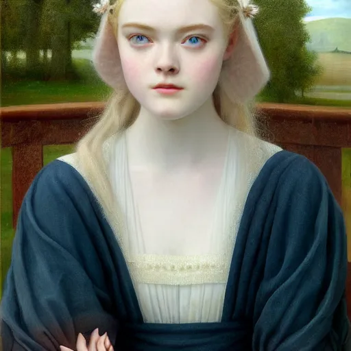 Image similar to Painting of Elle Fanning in Star Wars, delicate, pale milky white porcelain skin, by Edmund Leighton. 8K. Extremely detailed.