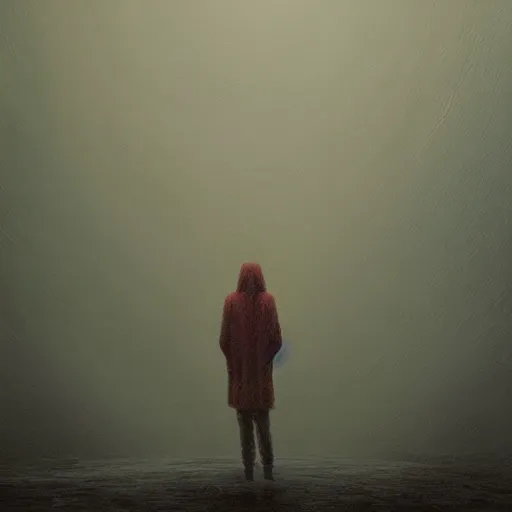 Image similar to a painting of a person standing in the snow, a surrealist painting by zdzisław beksinski and by alena aenami, deviantart, nuclear art, dystopian art, apocalypse landscape, surrealist