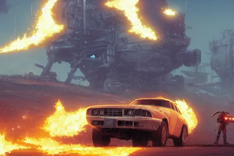 Prompt: 2 0 0 1 space odyssy diesepunk volvo wagon mad max speeding through a burning fuel depot chase gunfire by greg rutkowski makoto shinkai takashi takeuchi studio ghibli, akihiko yoshida