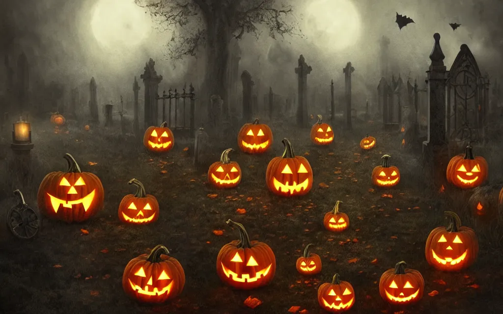 Prompt: engraved halloween pumpkins with menacing expression, scattered in a graveyard at night, bats flying over tombstones, bare trees, iron railing, gloomy atmosphere, digital illustration, highly detailed, cinematic lighting, perfect composition, 4 k, artem demura