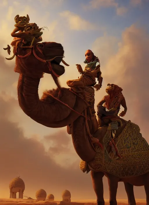 Prompt: portrait of a goblin as an arab riding a camel, trending in artstation, cinematic lighting, studio quality, smooth render, unreal engine 5 rendered, octane rendered, art style by klimt and nixeu and ian sprigger and wlop and krenz cushart.