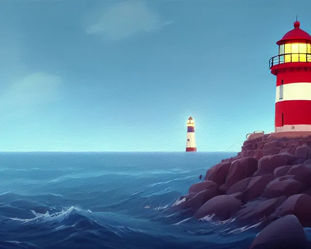 Prompt: painting of lighthouse in the sea by goro fujita, makoto shinkai, simon stalenhag, cinematic shot, exquisite lighting, clear focus, brush stroke, plain background, soft painting