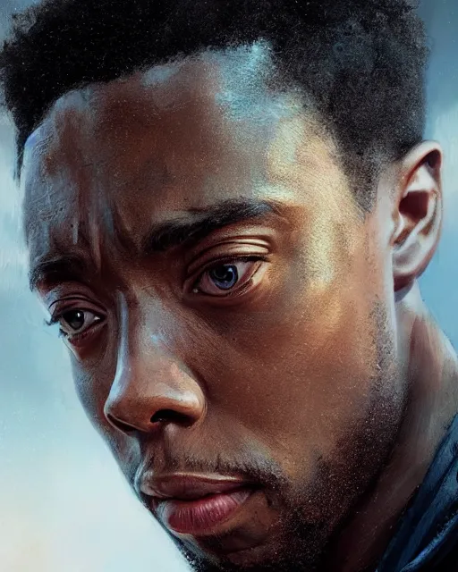 Image similar to chadwick boseman, hyper realistic face, beautiful eyes, fantasy art, in the style of greg rutkowski, intricate, hyper detailed, smooth