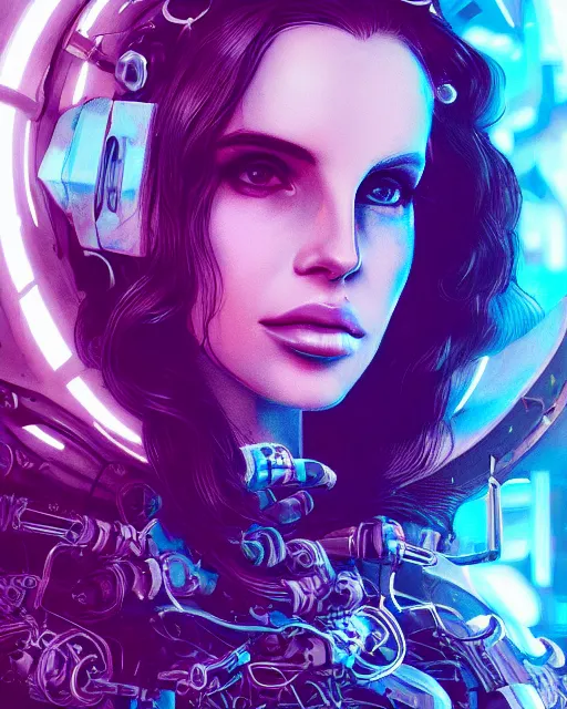 Image similar to portrait of lana del rey as a cyberpunk cyborg. roses, sci - fi, intricate abstract upper body intricate artwork, by tooth wu, wlop, beeple, dan mumford. concept art, octane render, deviantart, greg rutkowski, cinematic arthouse, key art, hyper realism, iridescent accents