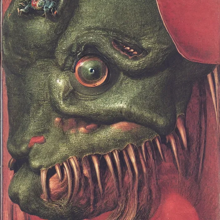 Image similar to close up portrait of a mutant monster creature with facial features resembling a medieval steel helmet, iridescent beetle eyes and antennae. by jan van eyck, audubon