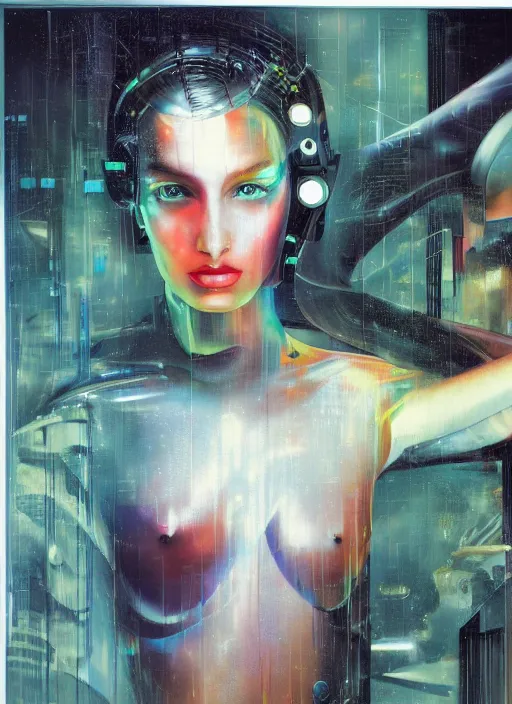 Image similar to futuristic lasers, data visualization, cyberpunk visor rain, wet, oiled, sweat, girl pinup, by steven meisel, james jean and rolf armstrong, geometric cubist acrylic and hyperrealism photorealistic airbrush painting with retro and neon colors