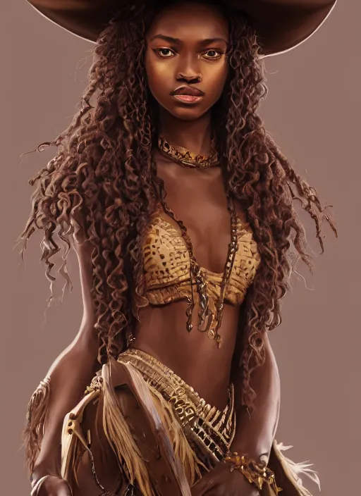 Prompt: a highly detailed illustration of beautiful long curly haired african girl wearing cowboy hat and brown poncho, dramatic sitting pose, intricate, elegant, highly detailed, centered, digital painting, artstation, concept art, smooth, sharp focus, league of legends concept art, WLOP