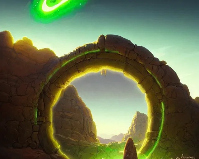 Image similar to desert landscape with a huge stone portal monument glowing green with swirls, deep focus, d & d, fantasy, intricate, elegant, highly detailed, digital painting, artstation, concept art, matte, sharp focus, illustration, hearthstone, art by artgerm and greg rutkowski and alphonse mucha