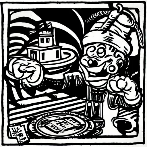 Prompt: “ popeye the sailor man playing a table top fantasy card game, pop art, comic, cartoon, shading, halftones ”