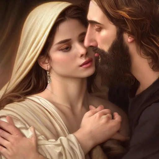 Prompt: jesus kissing a sensual woman in jerusalem, elegant, highly detailed, digital painting, artstation, concept art, matte, sharp focus, highly detailed, 4 k, hdr, smooth, sharp focus, high resolution, award - winning photo, photorealistic, art by artgerm and greg rutkowski and alphonse mucha, large shot