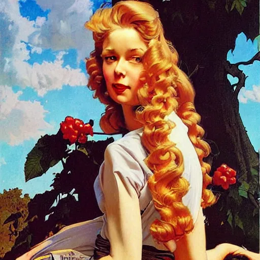 Prompt: beautiful painting of jerma985 with long curly blond hair, pinup poster by J.C Leyendecker and Norman Rockwell