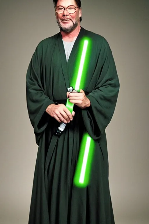 Prompt: photorealistic!! actor jonathan frakes as a jedi knight, olive jedi robe, holding a green lightsaber, film quality