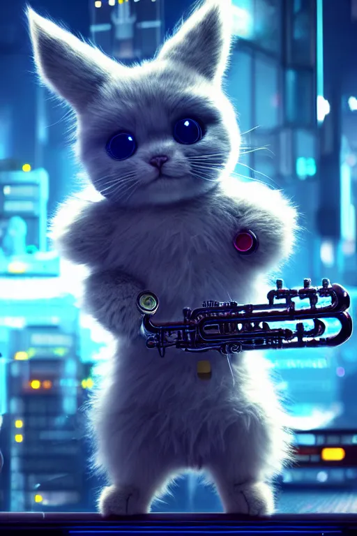 Image similar to high quality 3 d render very cute fluffy cyborg!! cat plays trumpet, cyberpunk highly detailed, unreal engine cinematic smooth, in the style of blade runner & detective pikachu, hannah yata charlie immer, moody light, low angle, uhd 8 k, sharp focus