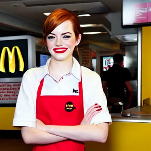 Prompt: emma stone works at mcdonalds, emma watson standing behind the counter at mcdonalds wearing a mcdonalds uniform, smiling greeting customers, promotional photo ( 2 0 1 5 ), press junket photo