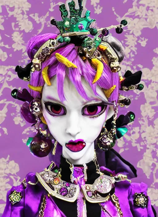 Image similar to baroque bedazzled gothic royalty frames surrounding a pixelsort emo demonic horrorcore japanese jester decora doll of giorno giovanna, low quality sharpened graphics, remastered chromatic aberration
