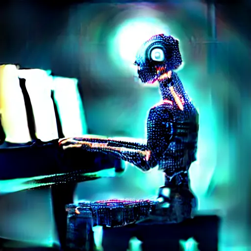 Image similar to a cyborg playing the piano in a futuristic apartment, award winning art, 4k, highly detailed, sharp focus, cinematic lighting, smooth