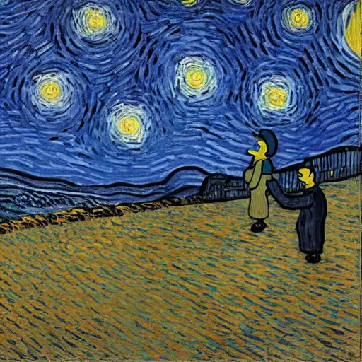 Image similar to painting of a starry night sky with homer simpson in a village, art by vincent van gogh