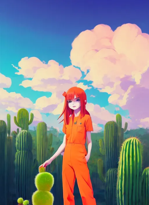 Image similar to portrait of cute redhead girl in orange jumpsuit with fox ears by ilya kuvshinov, holding a cactus, cloudy sky background lush landscape illustration concept art anime key visual trending pixiv fanbox by wlop and greg rutkowski and makoto shinkai and studio ghibli