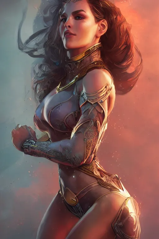 Image similar to three quarters portrait pose of a beautiful woman, strong body,super heroine costume,super powers, fantasy, intricate, elegant, highly detailed, digital painting, artstation, concept art,shining, sharp focus, illustration, art by Stanley Lau