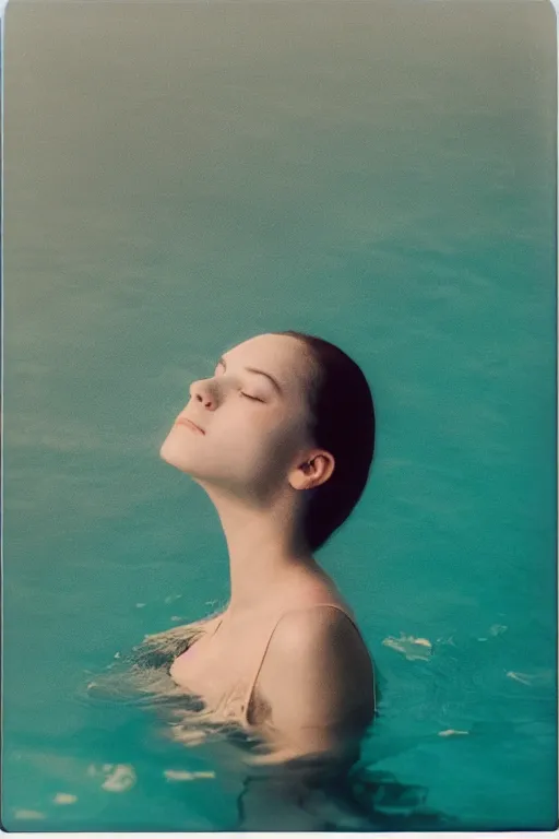 Prompt: a beautiful woman's face in the water, serene emotion, polaroid, kodak color grading, muted colors, hazy, aqua, pastel colors, soft lighting