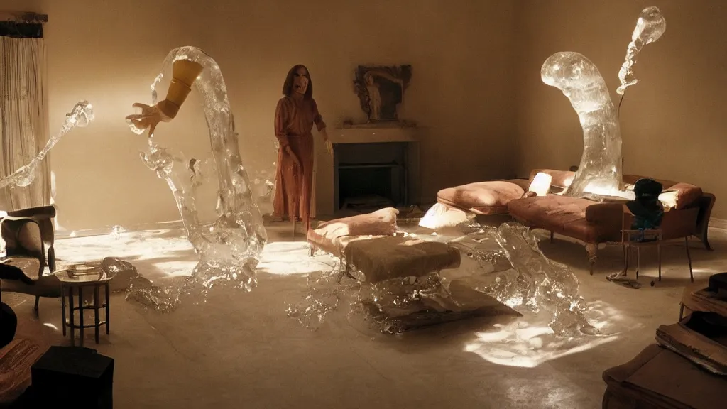 Image similar to a giant hand made of wax and water floats through the living room, film still from the movie directed by Denis Villeneuve with art direction by Salvador Dalí, wide lens