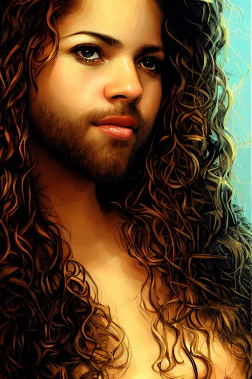 Prompt: closeup portrait of sexy shakira with long hair, in style rembrandt and dan mumford, poster, digital art, comic art, concept art,, single head, no double head,