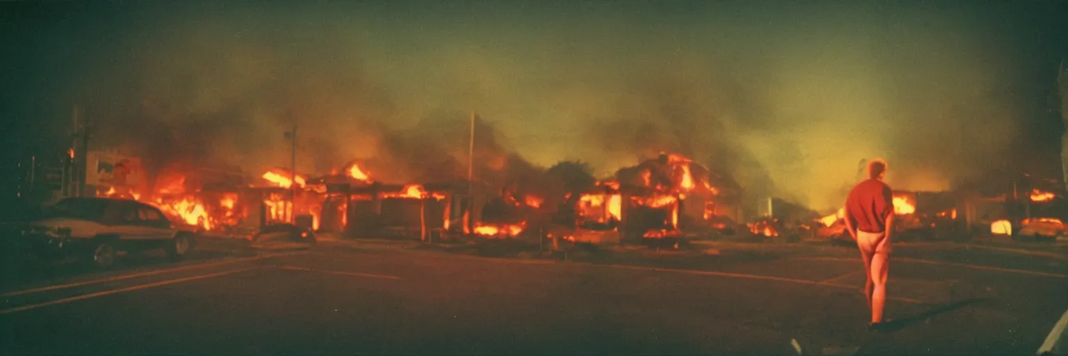 Image similar to 8 0 s polaroid photo, cinema still from david lynch movie, sleazy man watching night streets while a house burns in the background of suburbs, colorful haze, americana, high production value, 8 k resolution, hyperrealistic, hdr, photorealistic, high definition, high details, tehnicolor, award - winning photography, masterpiece, amazing colors