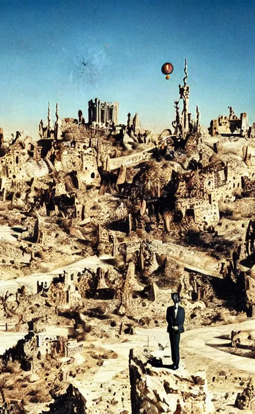 Image similar to salvador dali wearing a crown with jewels in a dry rocky desert landscape, visible sky and sunny atmosphere, alien city ruins in the background, film still from the movie by alejandro jodorowsky with cinematogrophy of christopher doyle and art direction by hans giger, anamorphic lens, kodakchrome, very detailed photo, 8 k